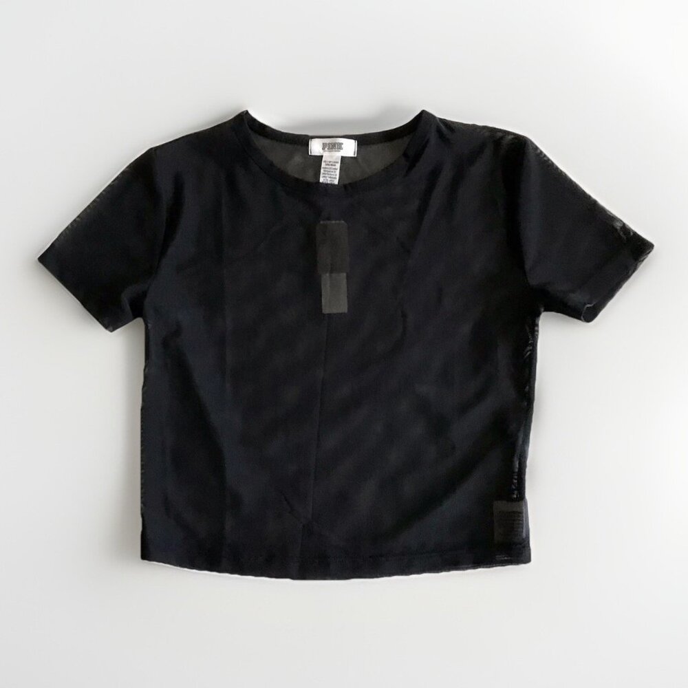 PINK Victoria’s Secret‎ Pure Black Mesh Cropped Short Sleeve Tee Top VS Small